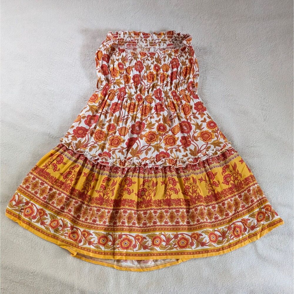 Floral Patterned Mini Tube Dress Women's Small Orange White Strapless Boho - Picture 3 of 9